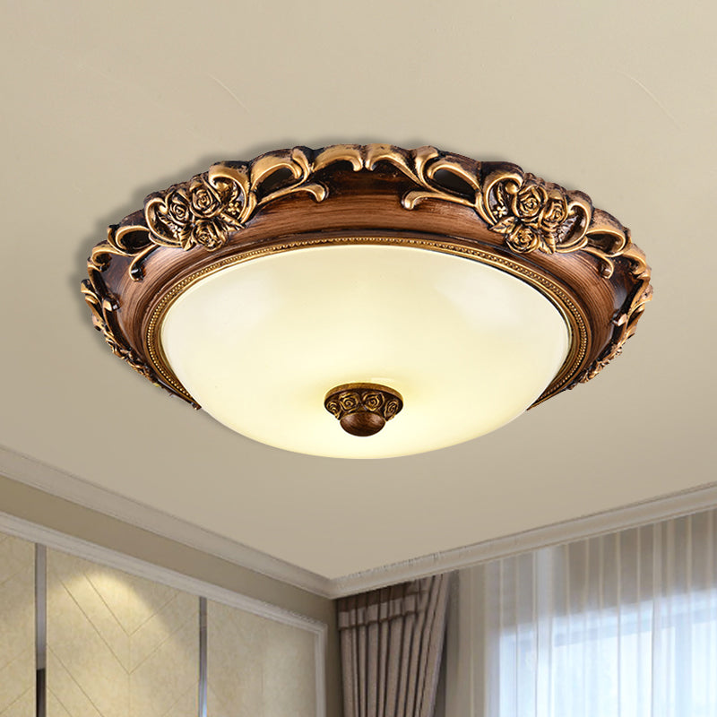 Antique Milk Glass Dome Bedroom Ceiling Light with LED, Flush Mount, Brown, 14"/16"/19.5" Dia