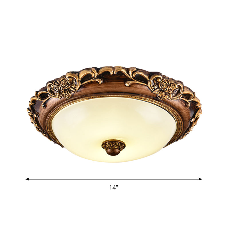 Antique Milk Glass Dome Bedroom Ceiling Light with LED, Flush Mount, Brown, 14"/16"/19.5" Dia