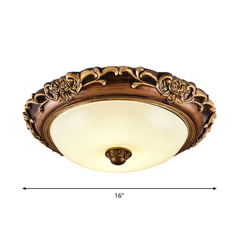Antique Milk Glass Dome Bedroom Ceiling Light with LED, Flush Mount, Brown, 14"/16"/19.5" Dia