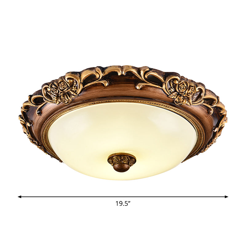Antique Milk Glass Dome Bedroom Ceiling Light with LED, Flush Mount, Brown, 14"/16"/19.5" Dia