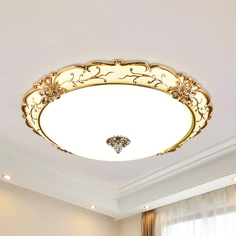 Vintage Brass Scroll Floral Trim Opal Glass Flushmount LED Ceiling Light for Bedroom - 14"/16"/19.5" Wide