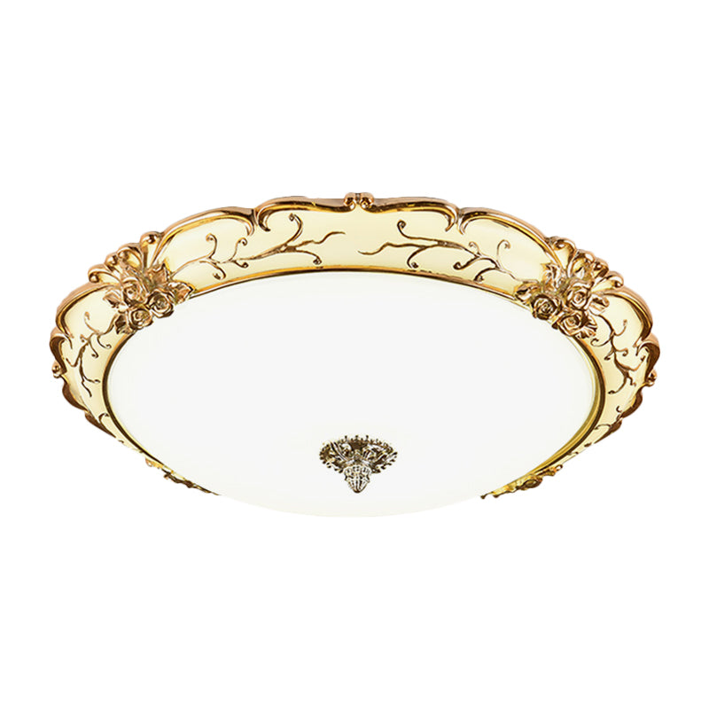 Vintage Brass Scroll Floral Trim Opal Glass Flushmount LED Ceiling Light for Bedroom - 14"/16"/19.5" Wide