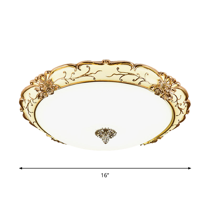 Vintage Brass Scroll Floral Trim Opal Glass Flushmount LED Ceiling Light for Bedroom - 14"/16"/19.5" Wide