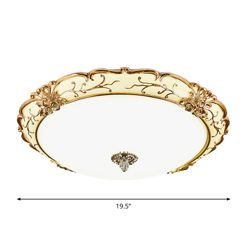 Vintage Brass Scroll Floral Trim Opal Glass Flushmount LED Ceiling Light for Bedroom - 14"/16"/19.5" Wide