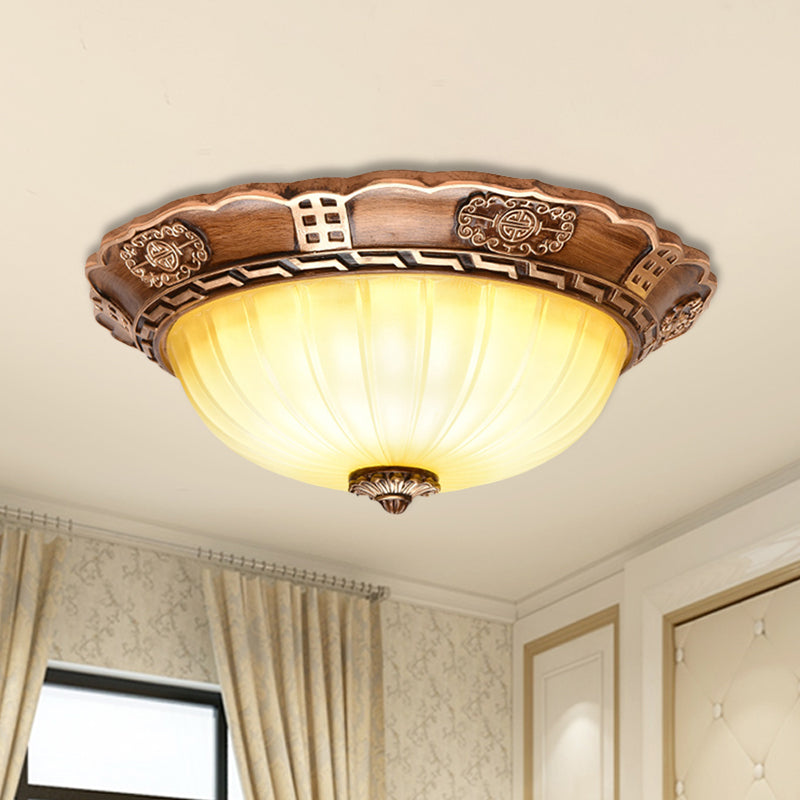 Antiqued Brown Scalloped-Edge LED Flush Mount Ceiling Light, 14"/16"/19.5" Milky Glass Bowl, Ideal for Hallways