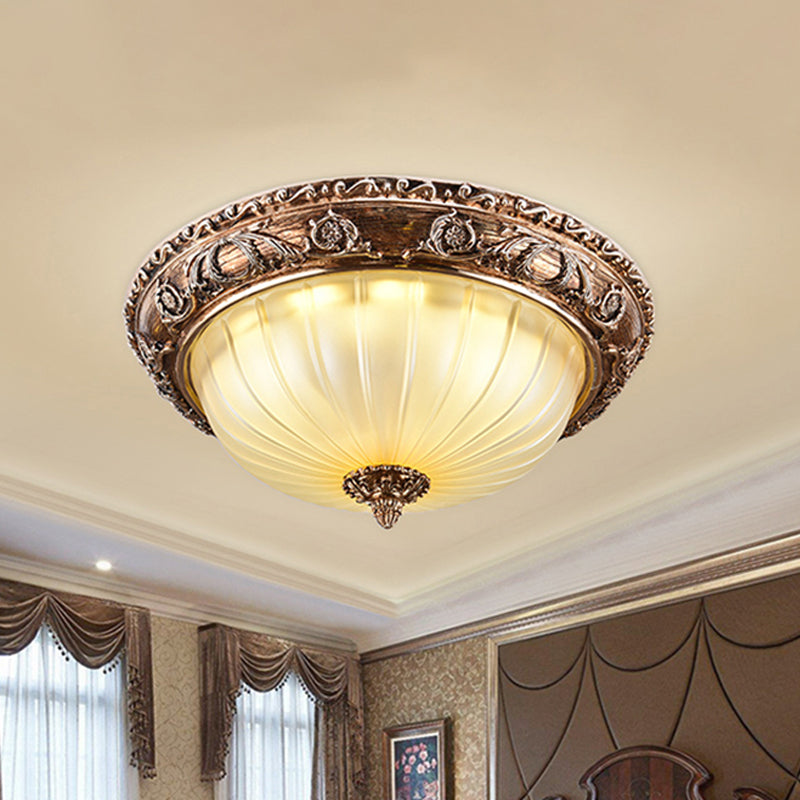 Ribbed Frosted Glass LED Flush Mount Ceiling Light in Traditional Brown - 14"/16"/19.5