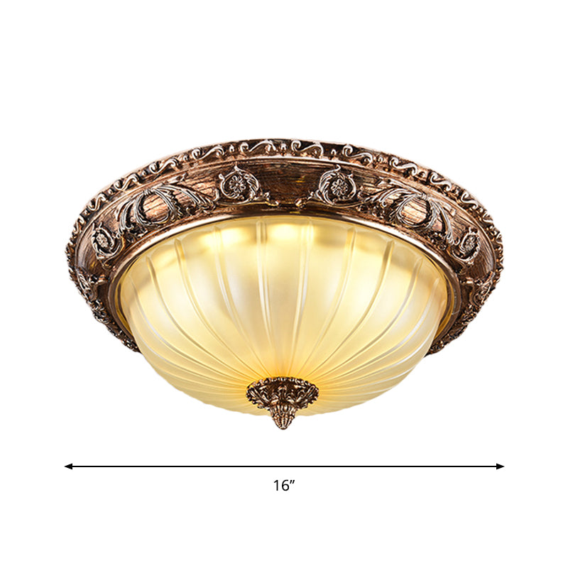 Ribbed Frosted Glass LED Flush Mount Ceiling Light in Traditional Brown - 14"/16"/19.5