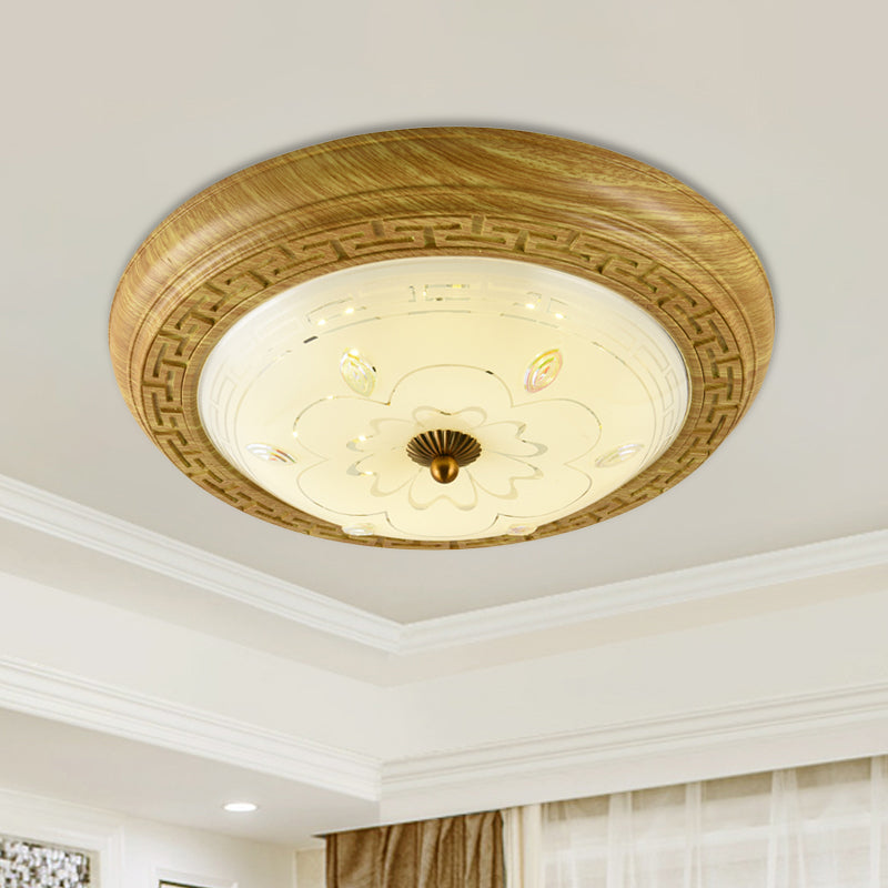 Simple Wooden LED Flushmount Ceiling Light with Dome Glass Shade - Yellow-Brown Circle - 14"/19.5" W