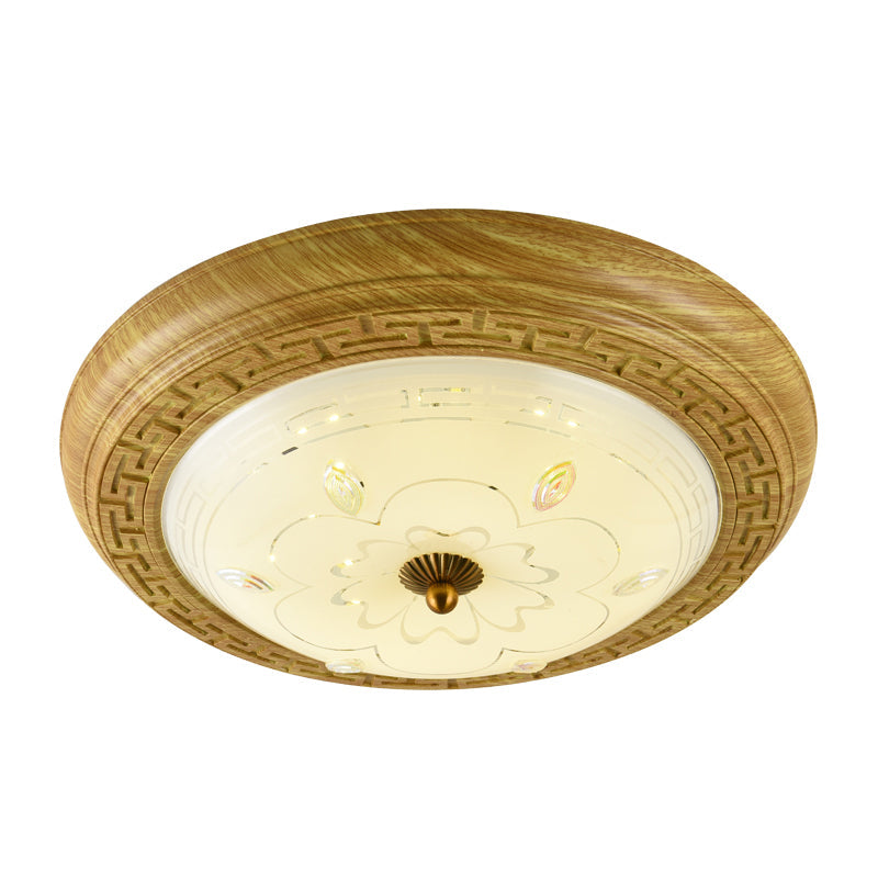 Simple Wooden LED Flushmount Ceiling Light with Dome Glass Shade - Yellow-Brown Circle - 14"/19.5" W