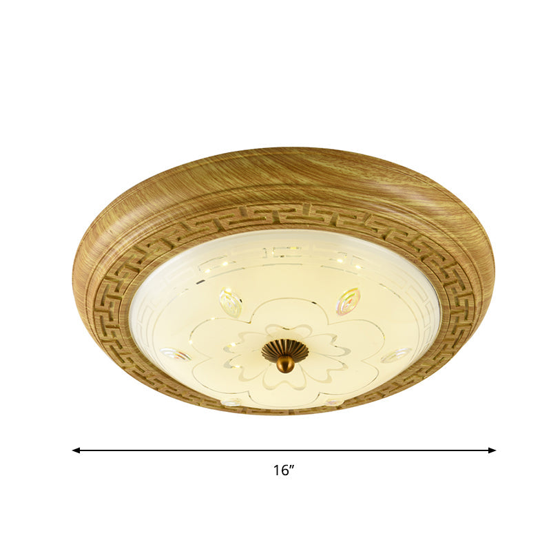 Simple Wooden LED Flushmount Ceiling Light with Dome Glass Shade - Yellow-Brown Circle - 14"/19.5" W