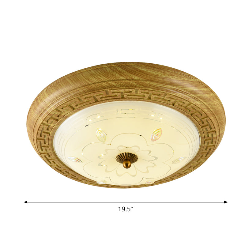 Simple Wooden LED Flushmount Ceiling Light with Dome Glass Shade - Yellow-Brown Circle - 14"/19.5" W