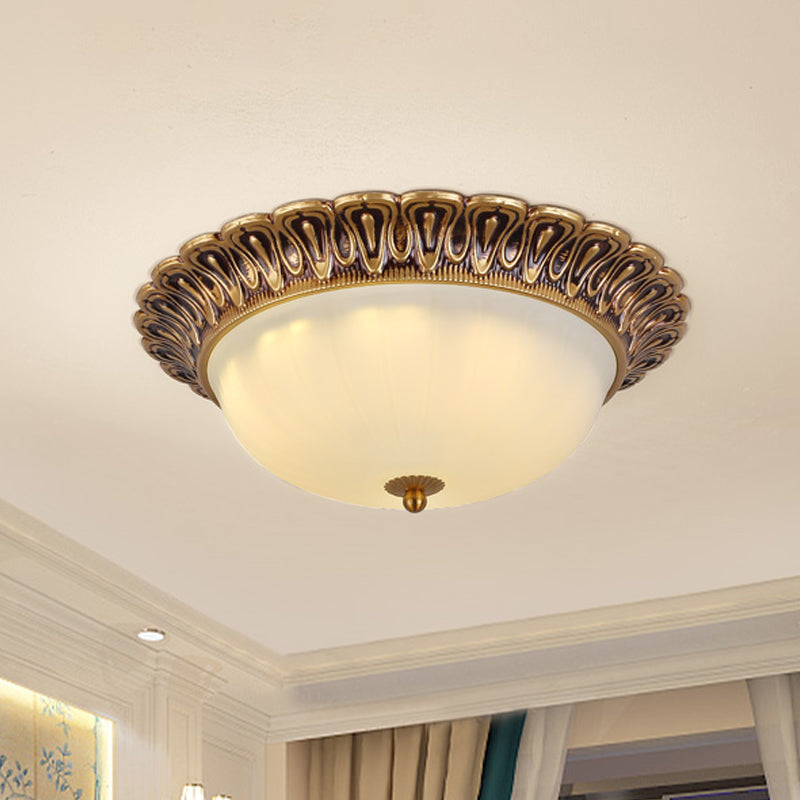 Vintage Milk Glass Ceiling Light - Hemispherical Design, Brass Finish, 3-Light Flush Mount for Bedroom (16"/19.5" Wide)