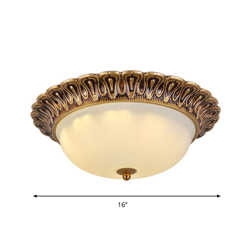 Vintage Milk Glass Ceiling Light - Hemispherical Design, Brass Finish, 3-Light Flush Mount for Bedroom (16"/19.5" Wide)