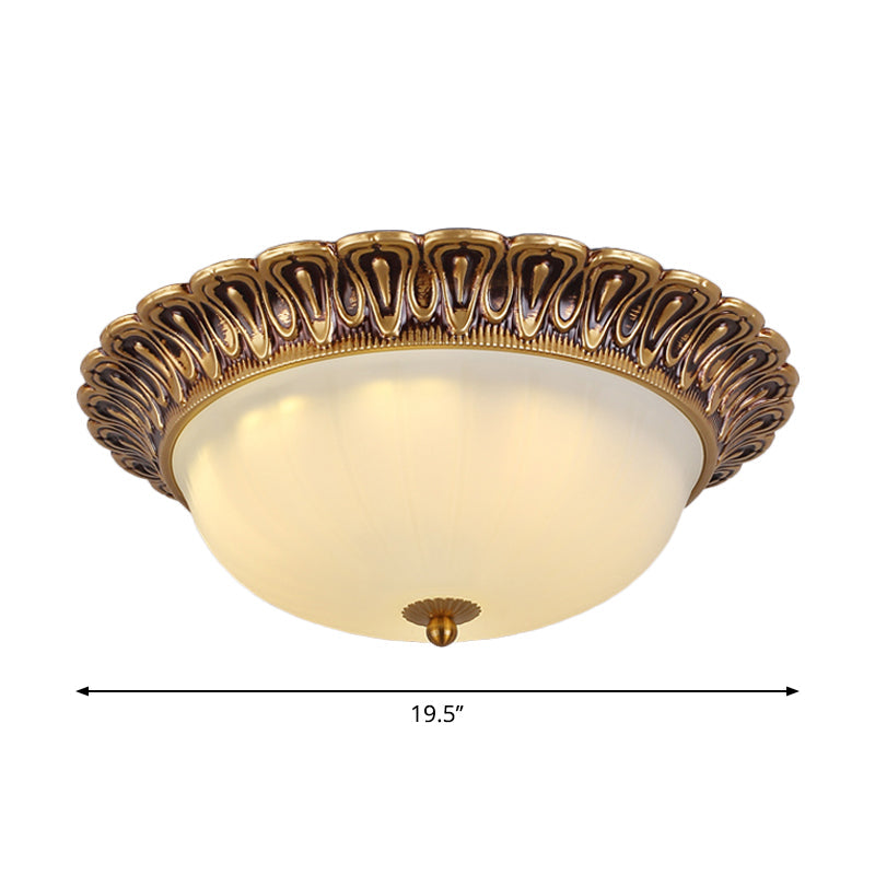 Vintage Milk Glass Ceiling Light - Hemispherical Design, Brass Finish, 3-Light Flush Mount for Bedroom (16"/19.5" Wide)