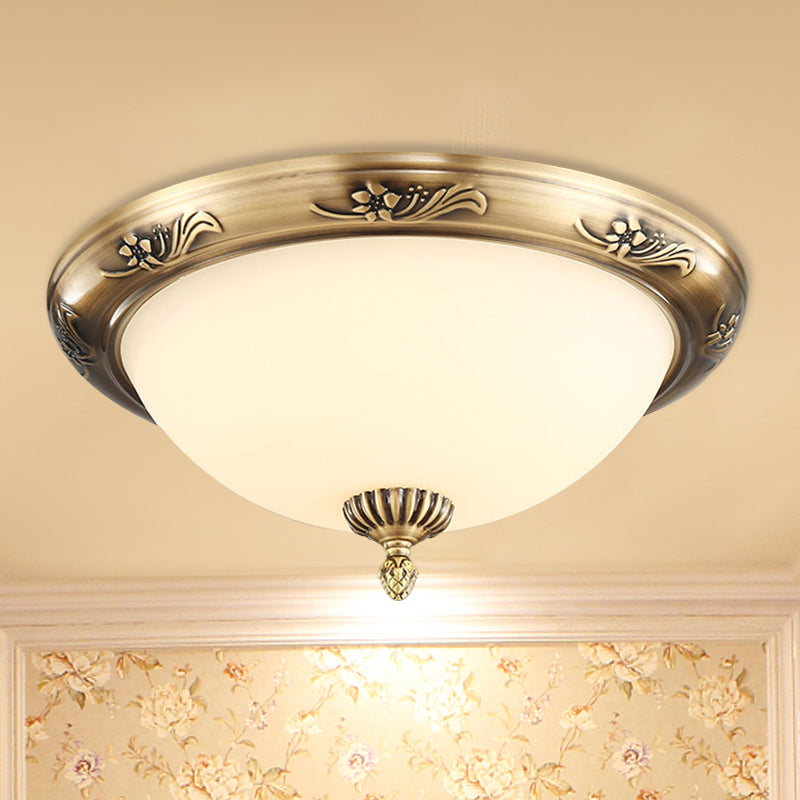 Hemisphere Flush Ceiling Light, Brass Finish, 2-Bulb, Milky Glass, Office Lighting, 13"/15"/19.5" Dia