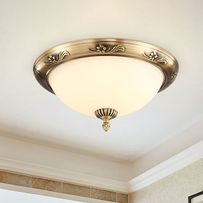 Hemisphere Flush Ceiling Light, Brass Finish, 2-Bulb, Milky Glass, Office Lighting, 13"/15"/19.5" Dia