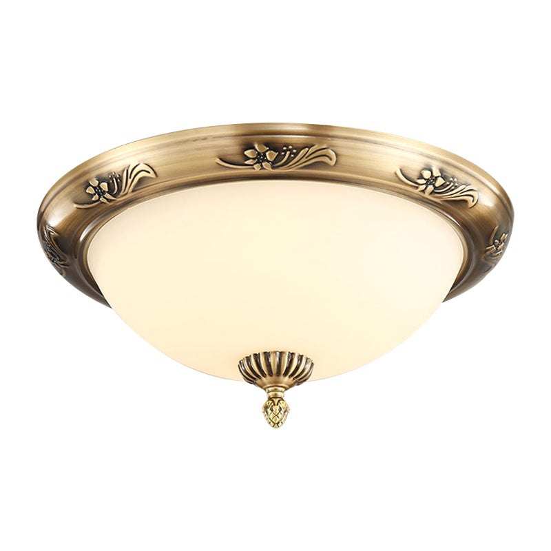 Hemisphere Flush Ceiling Light, Brass Finish, 2-Bulb, Milky Glass, Office Lighting, 13"/15"/19.5" Dia