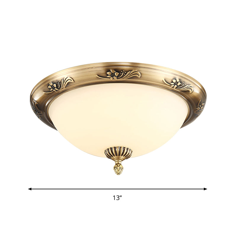 Hemisphere Flush Ceiling Light, Brass Finish, 2-Bulb, Milky Glass, Office Lighting, 13"/15"/19.5" Dia