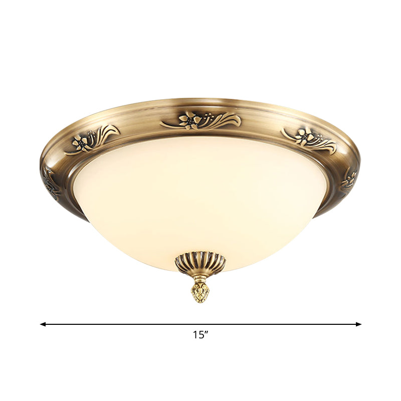 Hemisphere Flush Ceiling Light, Brass Finish, 2-Bulb, Milky Glass, Office Lighting, 13"/15"/19.5" Dia