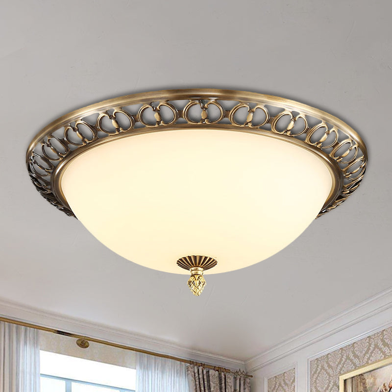 Antique Style Brass Finish 2-Head Ceiling Mount Light with Frosted Glass Dome - 13"/15"/19.5" Wide