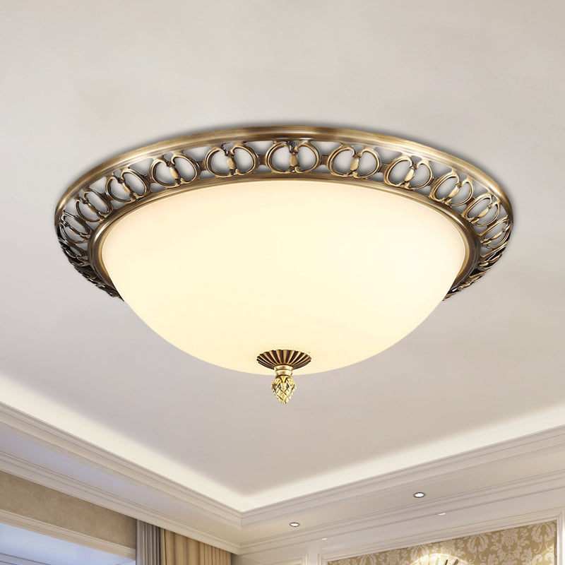 Antique Style Brass Finish 2-Head Ceiling Mount Light with Frosted Glass Dome - 13"/15"/19.5" Wide