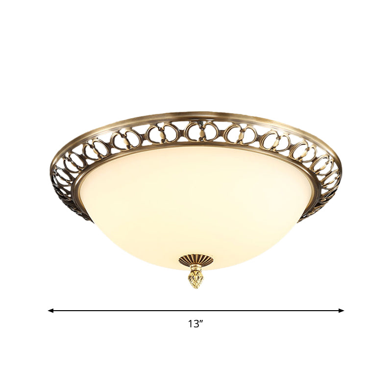 Antique Style Brass Finish 2-Head Ceiling Mount Light with Frosted Glass Dome - 13"/15"/19.5" Wide