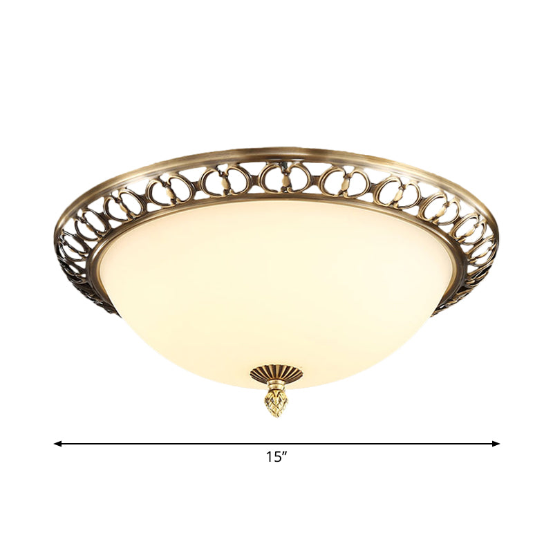 Antique Style Brass Finish 2-Head Ceiling Mount Light with Frosted Glass Dome - 13"/15"/19.5" Wide