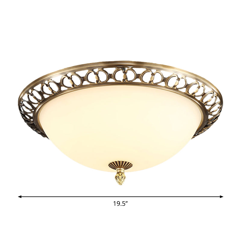 Antique Style Brass Finish 2-Head Ceiling Mount Light with Frosted Glass Dome - 13"/15"/19.5" Wide