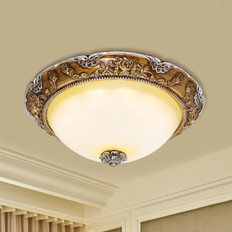 Dome Tan Glass Shade Flush Ceiling Light Fixture, LED Bedroom Lamp in Brown - Traditional Style, 14"/16"/19.5" Width