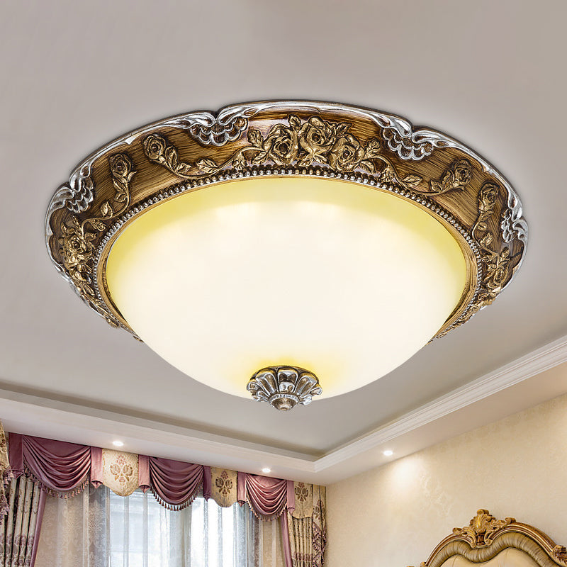 Dome Tan Glass Shade Flush Ceiling Light Fixture, LED Bedroom Lamp in Brown - Traditional Style, 14"/16"/19.5" Width