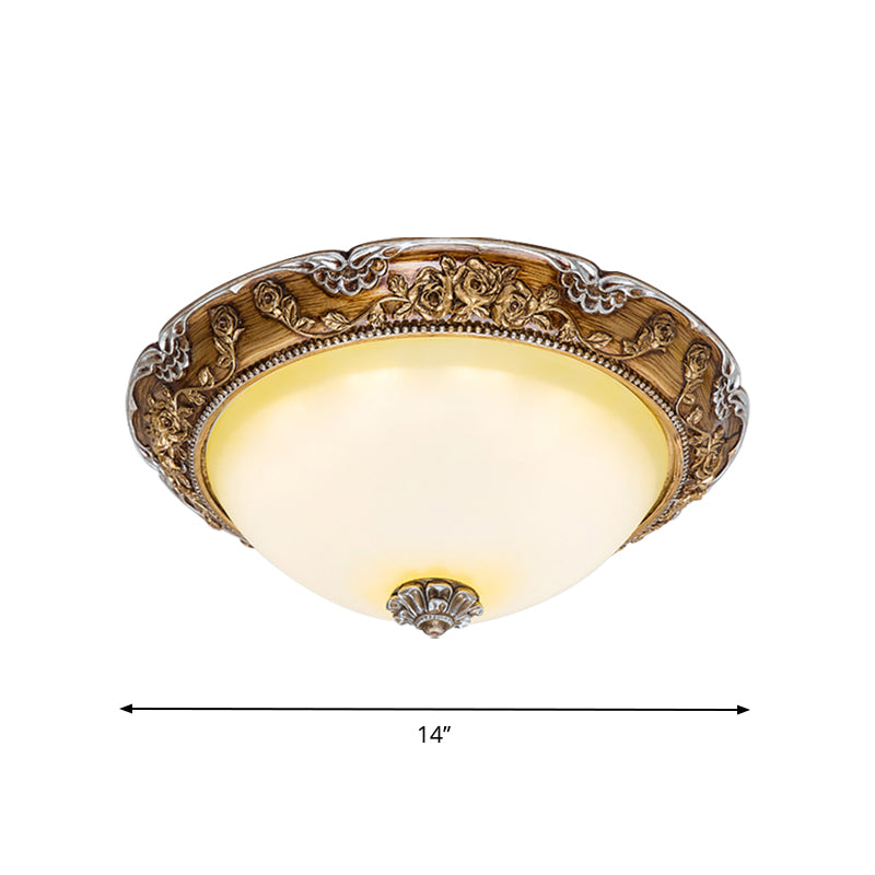 Dome Tan Glass Shade Flush Ceiling Light Fixture, LED Bedroom Lamp in Brown - Traditional Style, 14"/16"/19.5" Width