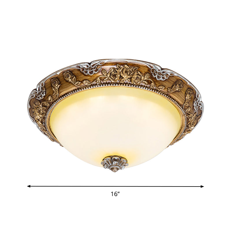 Dome Tan Glass Shade Flush Ceiling Light Fixture, LED Bedroom Lamp in Brown - Traditional Style, 14"/16"/19.5" Width