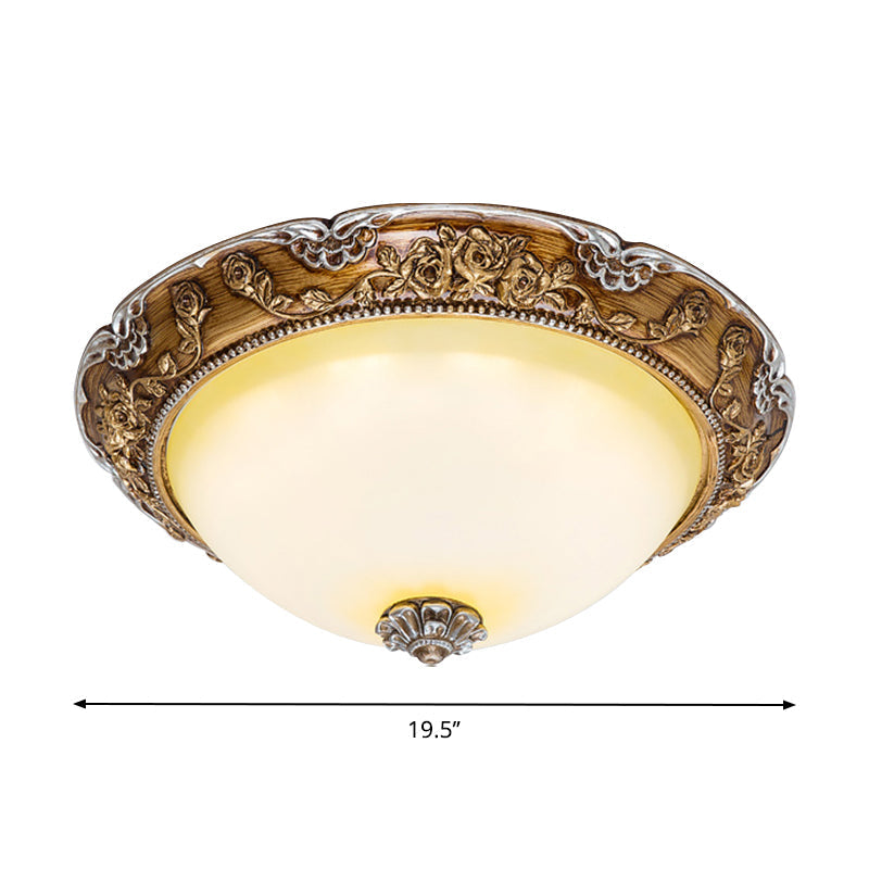Dome Tan Glass Shade Flush Ceiling Light Fixture, LED Bedroom Lamp in Brown - Traditional Style, 14"/16"/19.5" Width
