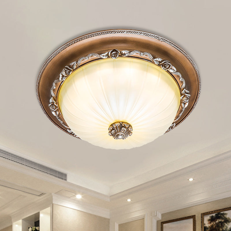 Ribbed Glass Brown Flush Ceiling Light with Domed Shade - LED Farmhouse Flushmount Lamp (14"/16"/19.5" Wide)