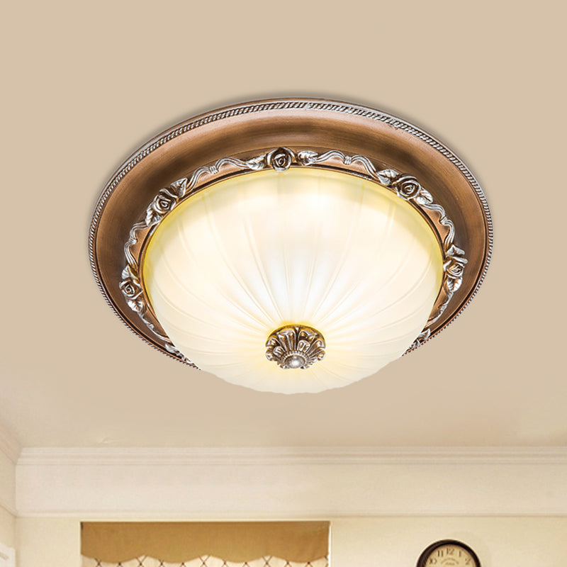 Ribbed Glass Brown Flush Ceiling Light with Domed Shade - LED Farmhouse Flushmount Lamp (14"/16"/19.5" Wide)