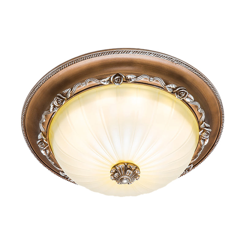 Ribbed Glass Brown Flush Ceiling Light with Domed Shade - LED Farmhouse Flushmount Lamp (14"/16"/19.5" Wide)