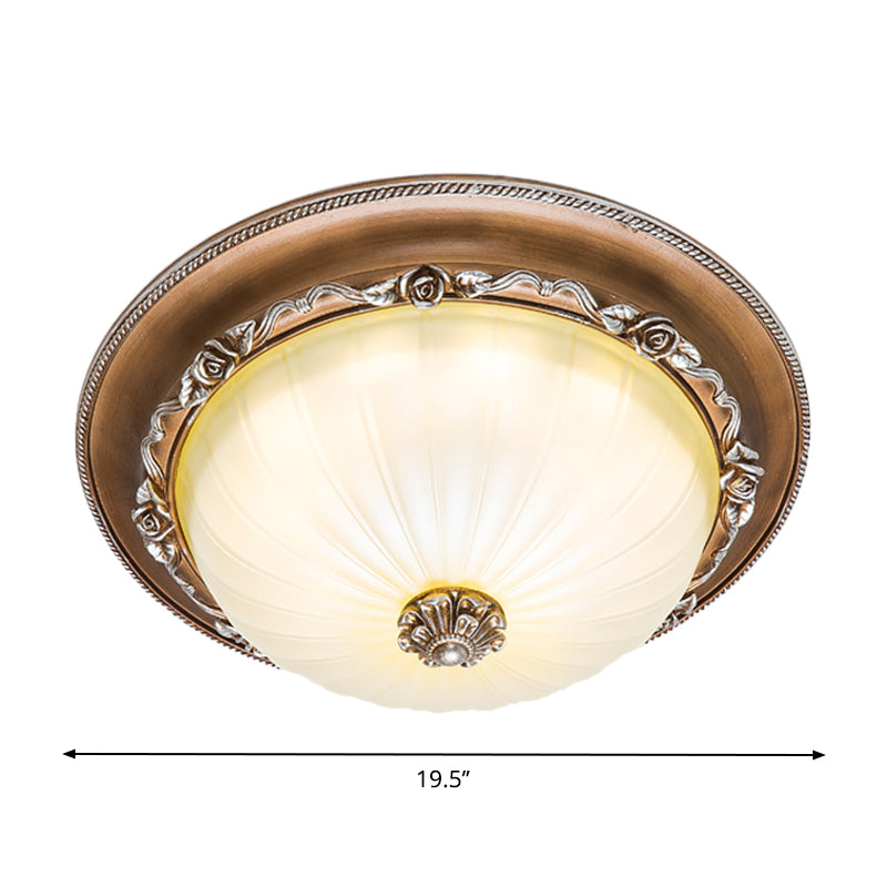 Ribbed Glass Brown Flush Ceiling Light with Domed Shade - LED Farmhouse Flushmount Lamp (14"/16"/19.5" Wide)
