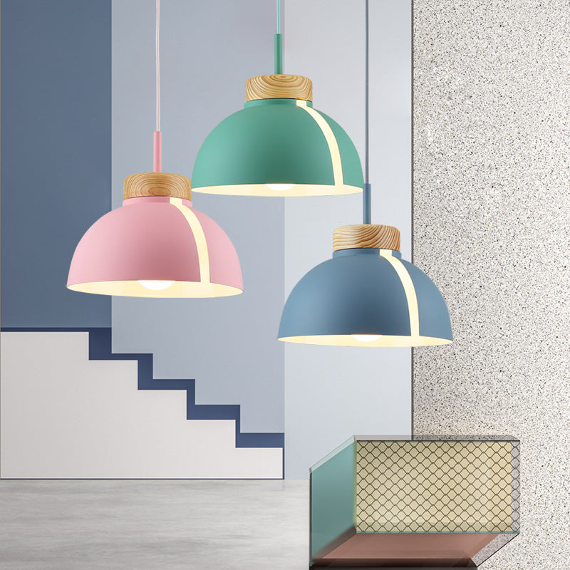 Nordic 1 Light Metal Shade Suspension Pendant - Pink/White/Black Dome Ceiling Light