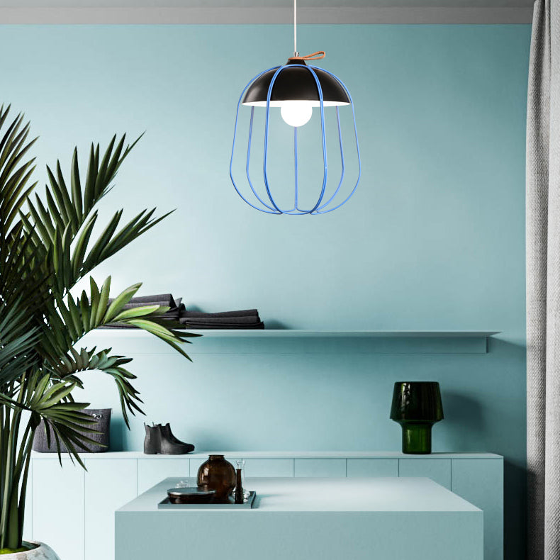Nordic Single Pendant Light with Wire Guard in Black, Blue, or Orange