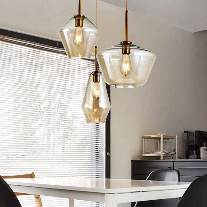 Modern Glass Pendant Lamp 1-Light Ceiling Light Clear/Amber Triangle/Urn/Diamond 9/14/16.5 Wide
