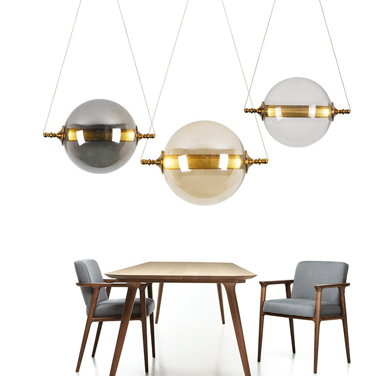 Modern Amber/Smoke/Tan Glass Ball Pendant Light for Bedroom - LED Ceiling Fixture