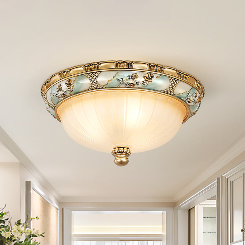 Amber Glass Flush Mount Ceiling Lamp - Traditional Dome Shade, Flush Mount, 3 Heads, 15"/19" Width, Gold Finish - Ideal for Hallway