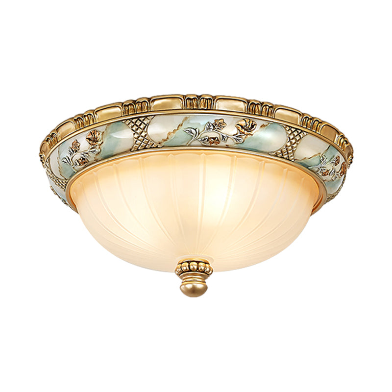Amber Glass Flush Mount Ceiling Lamp - Traditional Dome Shade, Flush Mount, 3 Heads, 15"/19" Width, Gold Finish - Ideal for Hallway