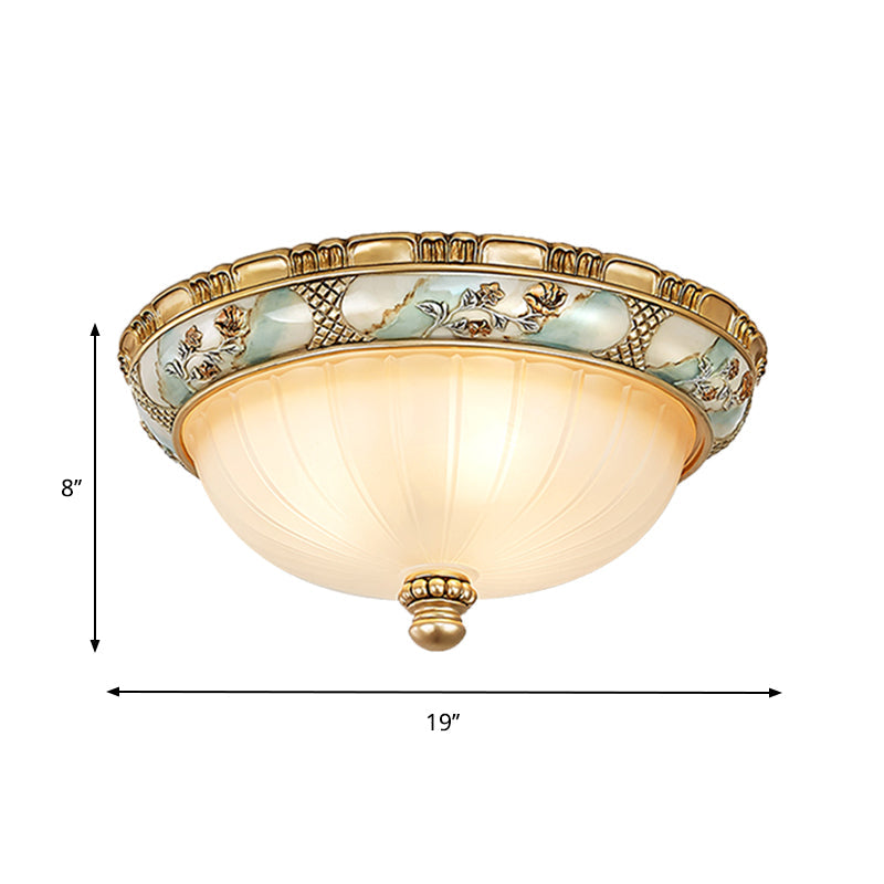 Amber Glass Flush Mount Ceiling Lamp - Traditional Dome Shade, Flush Mount, 3 Heads, 15"/19" Width, Gold Finish - Ideal for Hallway