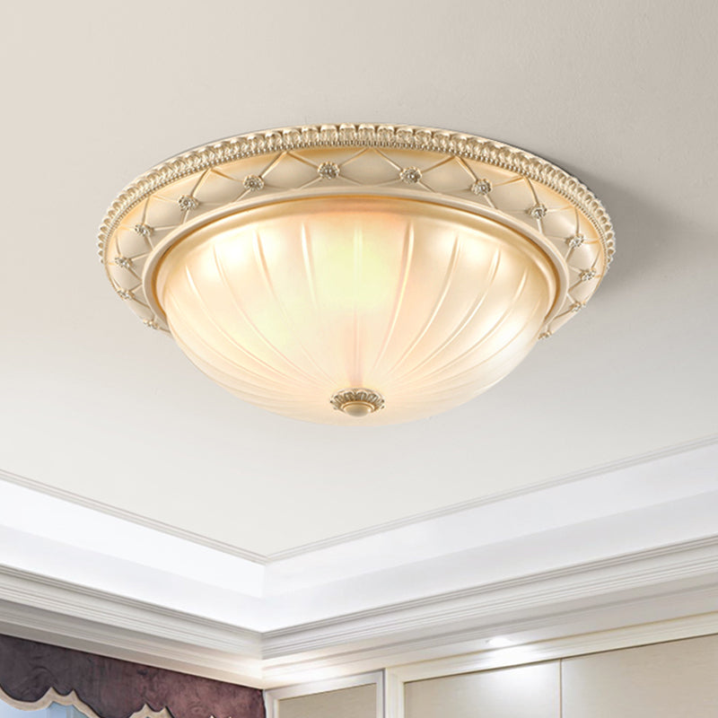 Traditional Ribbed Glass Flush Ceiling Light with Beige Bowl Shape - 2/3 Lights - 11.5"/16"/19.5" W - Bedroom Flush Mount