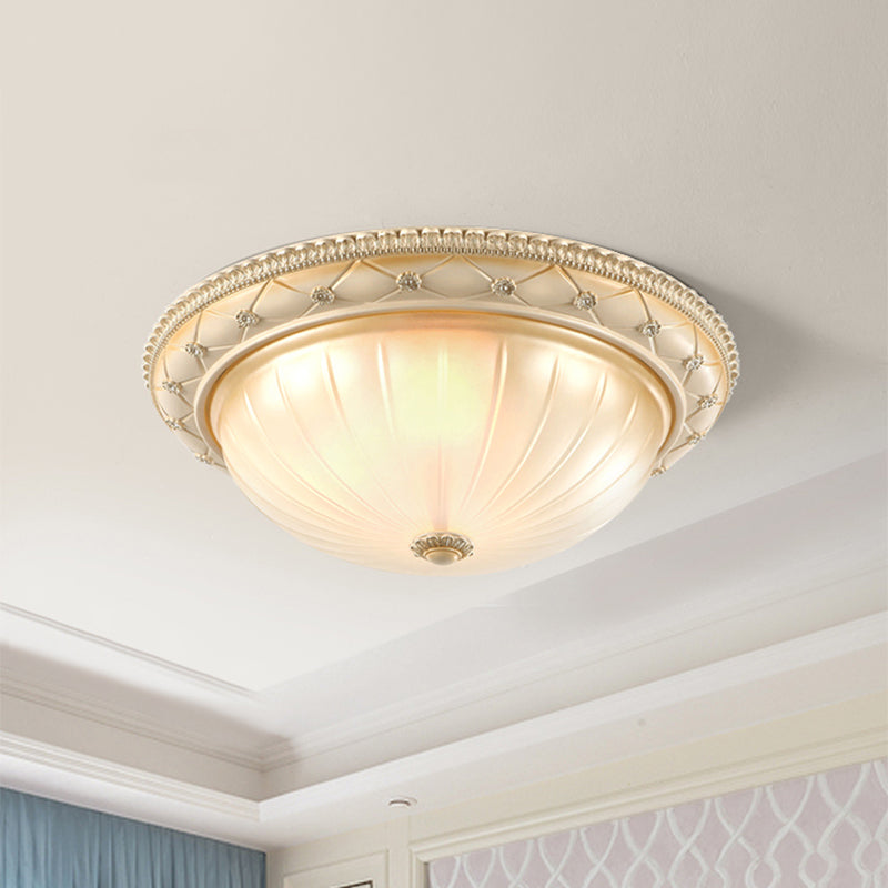 Traditional Ribbed Glass Flush Ceiling Light with Beige Bowl Shape - 2/3 Lights - 11.5"/16"/19.5" W - Bedroom Flush Mount