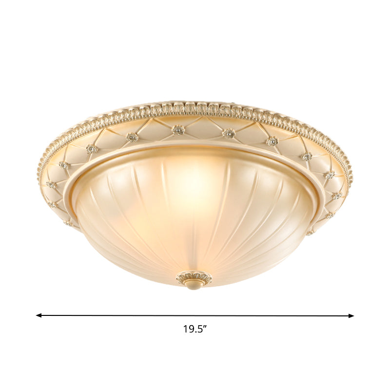 Traditional Ribbed Glass Flush Ceiling Light with Beige Bowl Shape - 2/3 Lights - 11.5"/16"/19.5" W - Bedroom Flush Mount