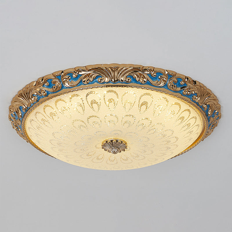 Farmhouse LED Flush Mount Ceiling Light in Textured Glass & Brass - Bowl Shape, 12.5"/15"/19" Wide, Bedroom Fixture
