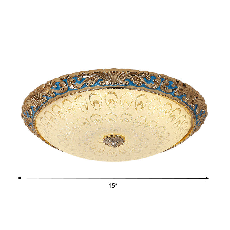 Farmhouse LED Flush Mount Ceiling Light in Textured Glass & Brass - Bowl Shape, 12.5"/15"/19" Wide, Bedroom Fixture