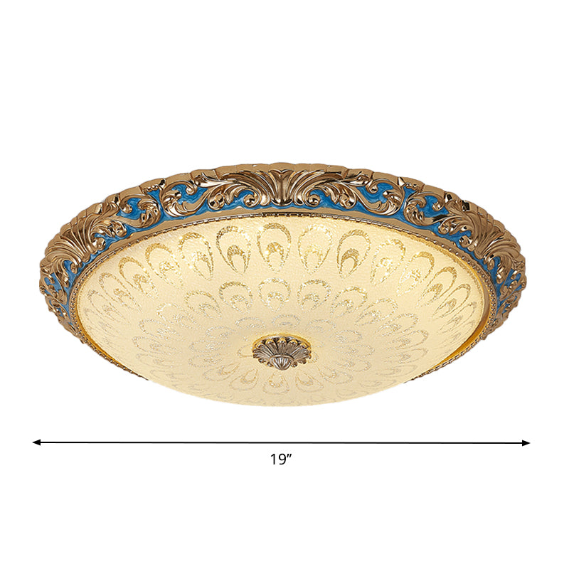 Farmhouse LED Flush Mount Ceiling Light in Textured Glass & Brass - Bowl Shape, 12.5"/15"/19" Wide, Bedroom Fixture